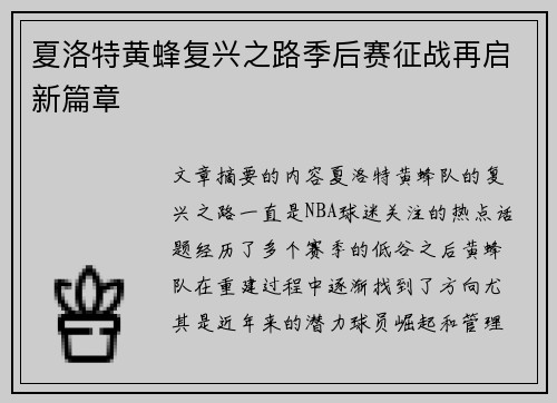 夏洛特黄蜂复兴之路季后赛征战再启新篇章